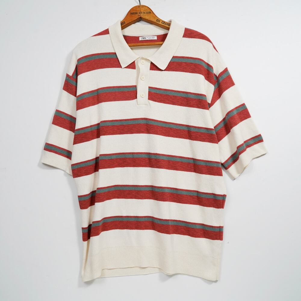 Zara Knit Polo Shirt Mens L Cream Red Striped Cotton Blend Retro Short Sleeve
